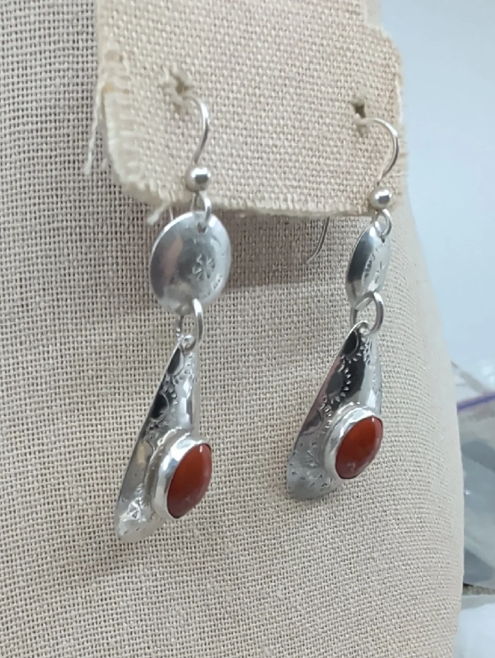 Vintage Sterling Silver Red Coral Cabochon Teardrop Dangle Earrings Artisan
